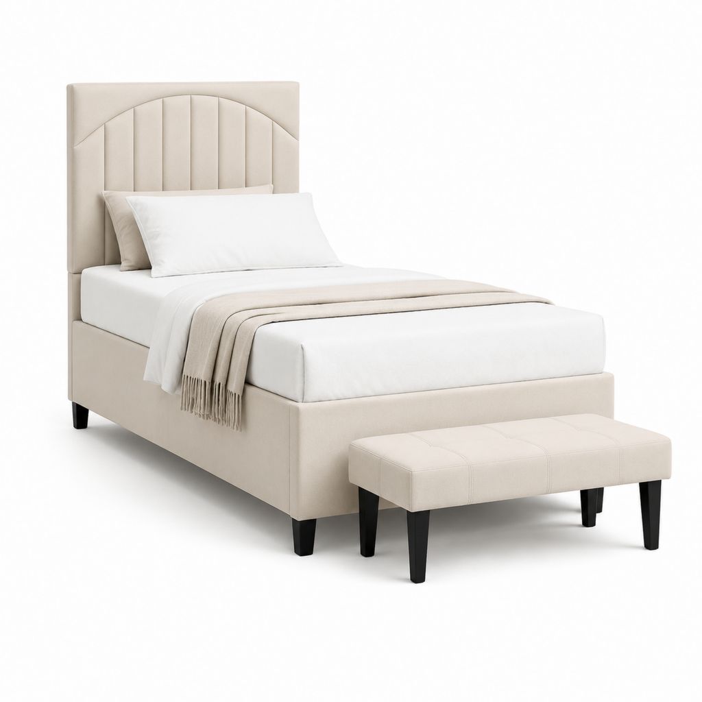 Letto singolo imbottito beige con testiera arcuata e panca in poliestere 90 x 190 cm