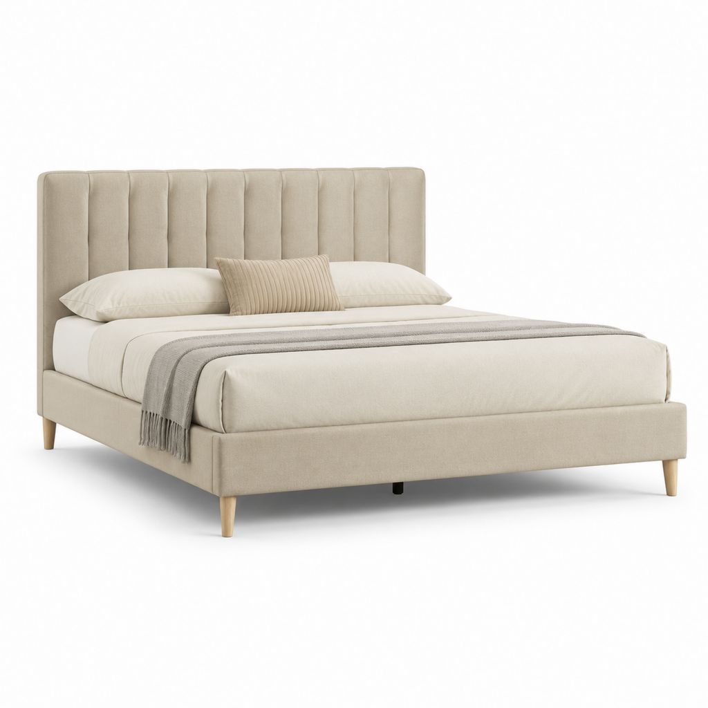 Letto matrimoniale imbottito beige in poliestere 160 x 200 cm con testiera alta