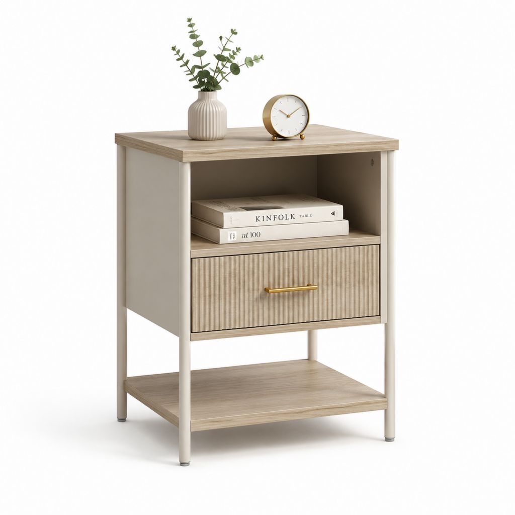Comodino rettangolare con cassetto e ripiani beige in MDF 45 x 40 x 60 cm