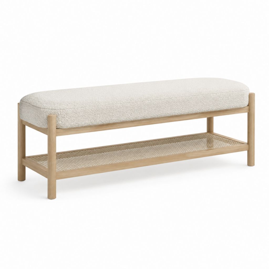 Panca fondoletto con ripiano rovere massello e poliestere bouclé beige 120 x 40 x 50 cm