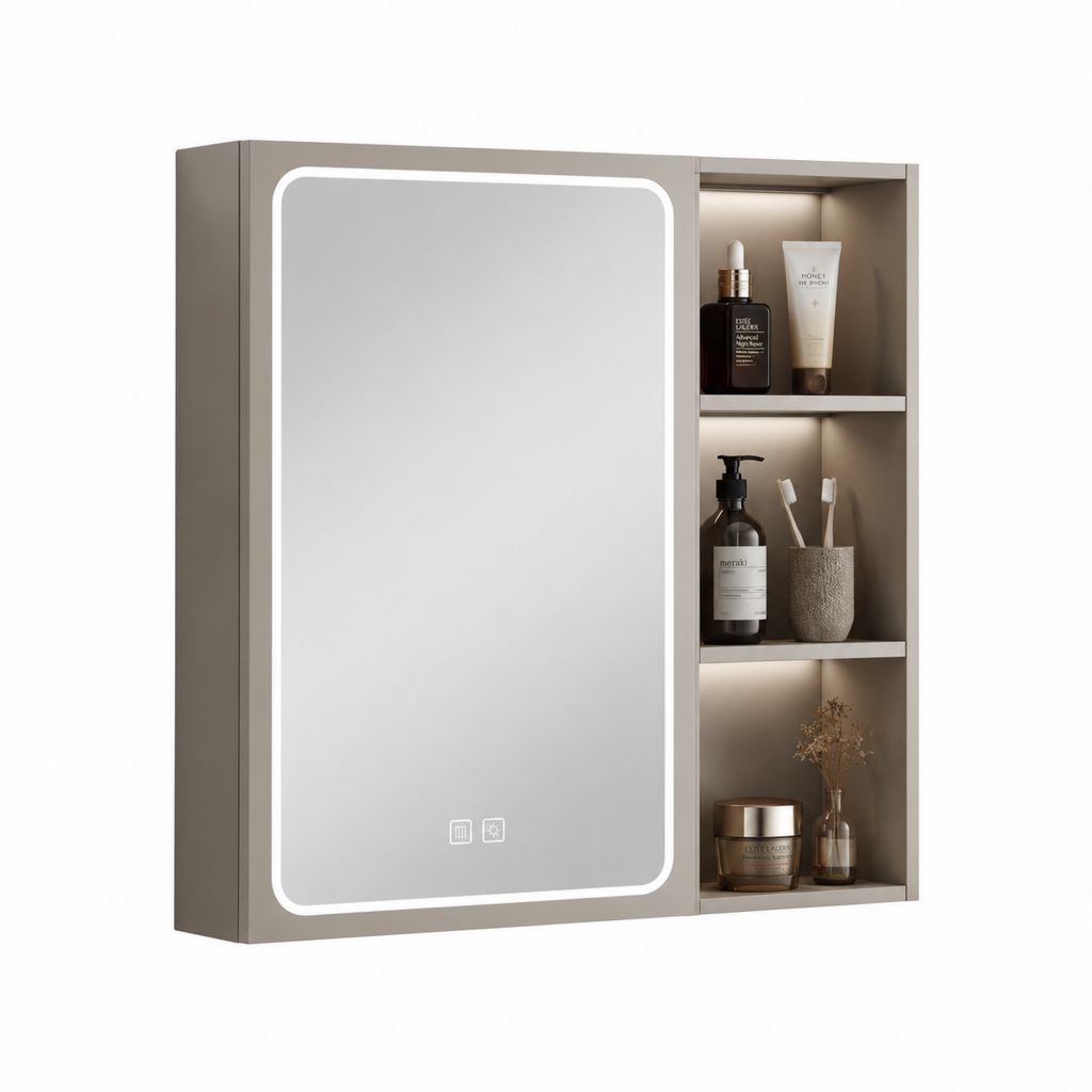 Armadietto bagno con specchio LED grigio tortora in MDF 60 x 70 x 15 cm