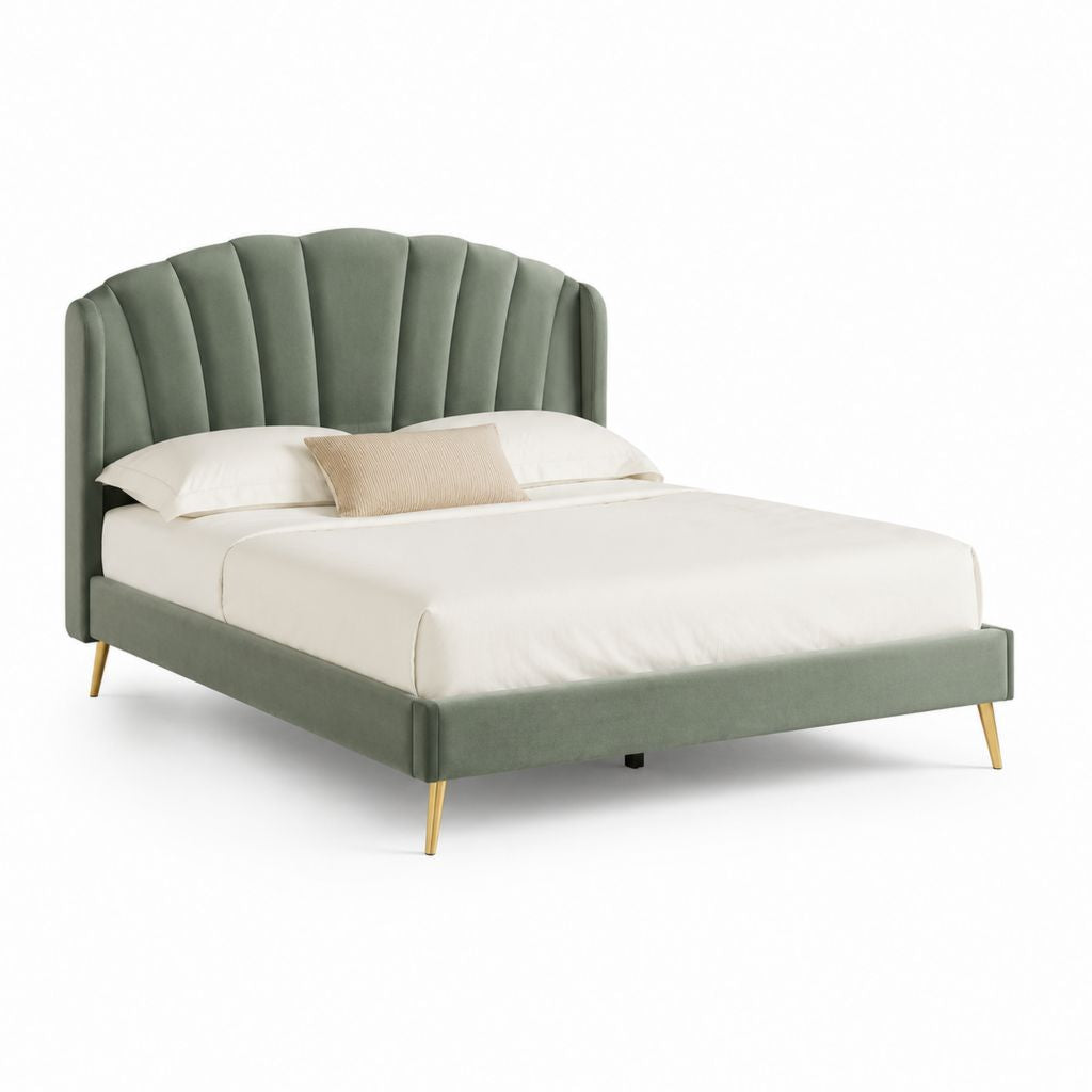 Letto matrimoniale imbottito verde in velluto di poliestere con testiera a ventaglio 160 x 200 cm