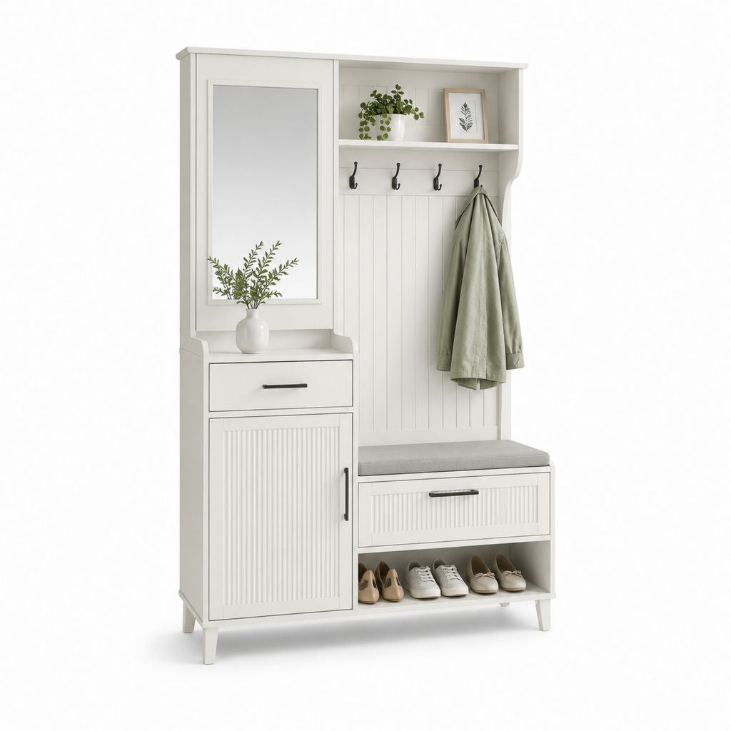Mobile da ingresso con specchio appendiabiti e scarpiera bianco in MDF 120 x 40 x 190 cm