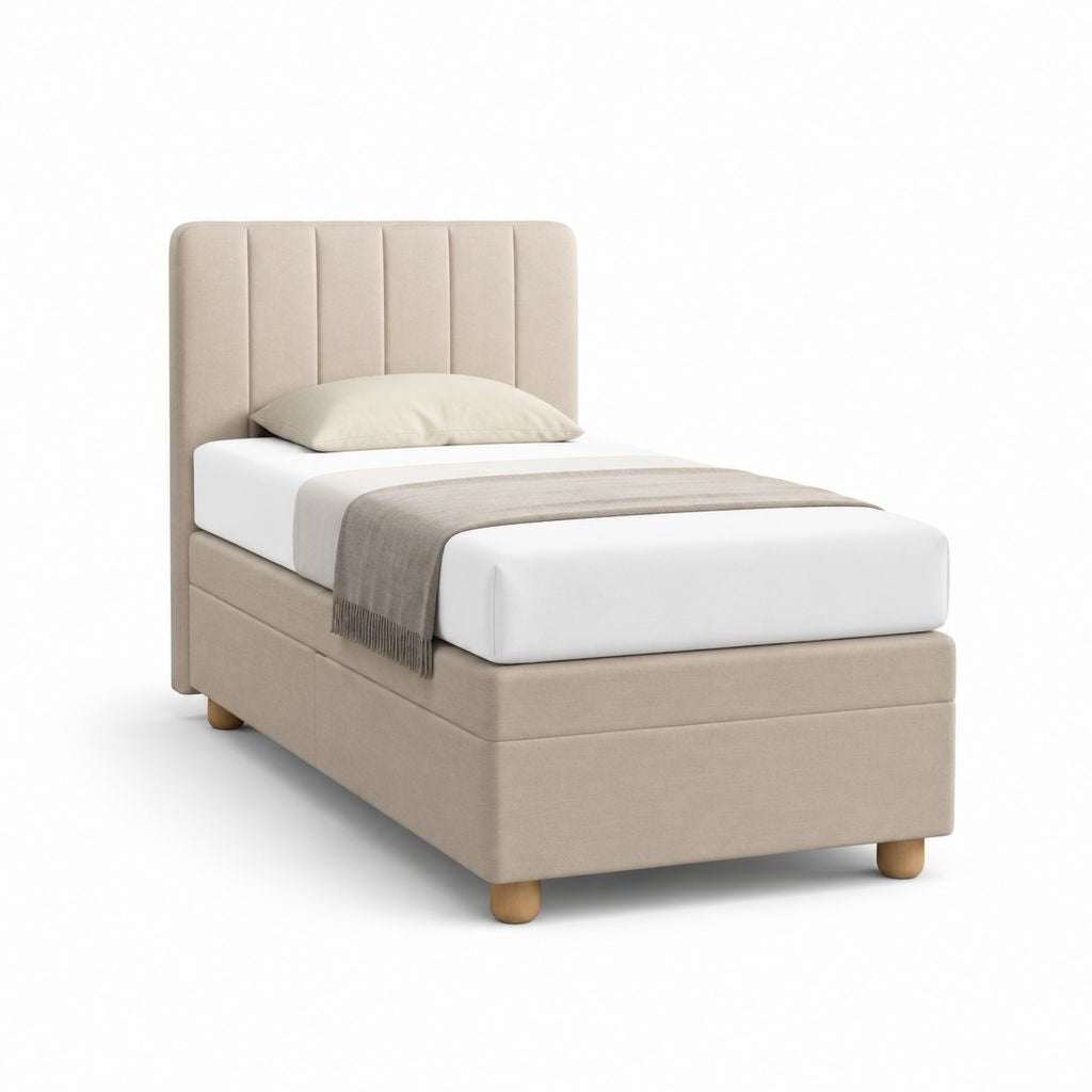 Letto singolo imbottito beige in poliestere con testiera verticale 90 x 200 cm