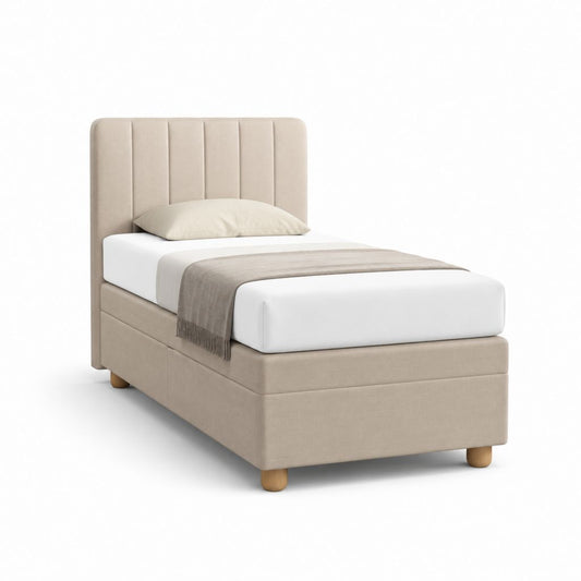 Letto singolo imbottito beige in poliestere con testiera verticale 90 x 200 cm