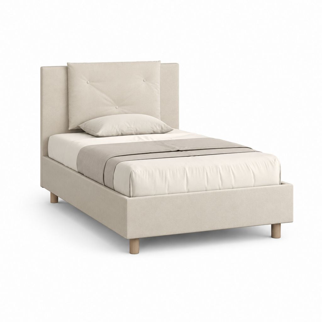 Letto singolo imbottito beige in poliestere con testiera 90 x 200 cm