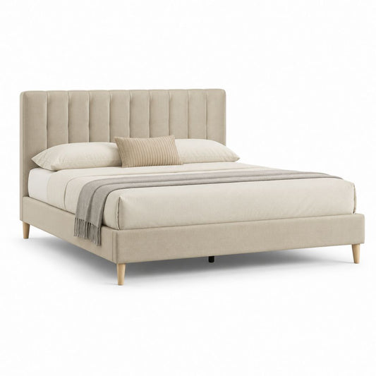 Letto matrimoniale imbottito beige in poliestere 160 x 200 cm con testiera alta