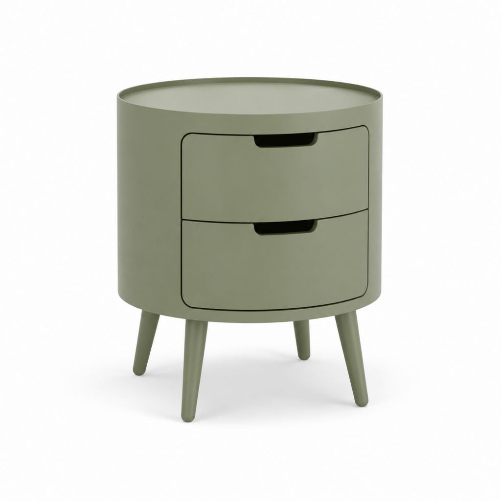 Comodino rotondo verde salvia in MDF con 2 cassetti 45 x 45 x 55 cm