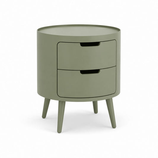 Comodino rotondo verde salvia in MDF con 2 cassetti 45 x 45 x 55 cm