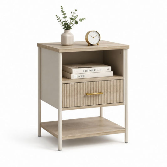 Comodino rettangolare con cassetto e ripiani beige in MDF 45 x 40 x 60 cm