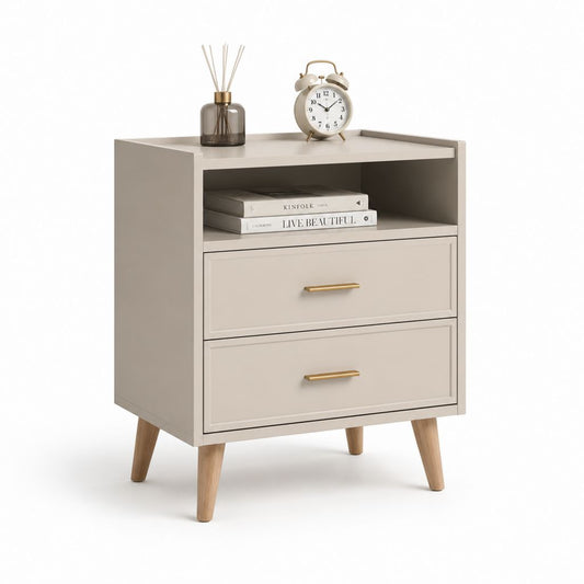 Comodino beige in MDF con 2 cassetti vano aperto e gambe in legno massello 45 x 40 x 65 cm