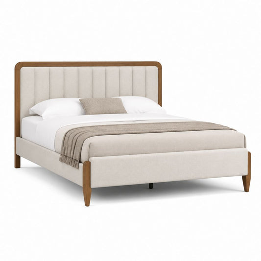 Letto matrimoniale imbottito beige in poliestere e legno massello rettangolare 160 x 200 cm