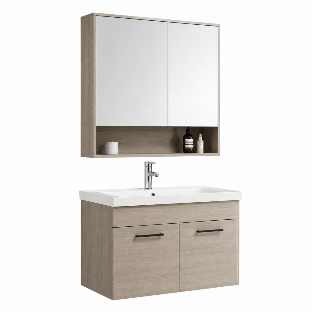 Set mobili bagno sospesi rovere grigio con lavabo in ceramica e armadietto specchio 80 x 46 x 190 cm