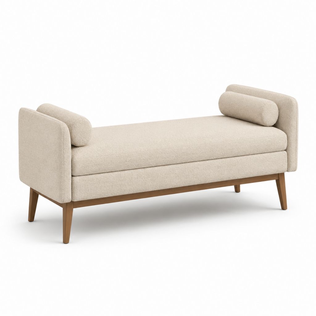 Panca fondoletto imbottita beige in poliestere con gambe in legno massello 160 x 60 x 75 cm