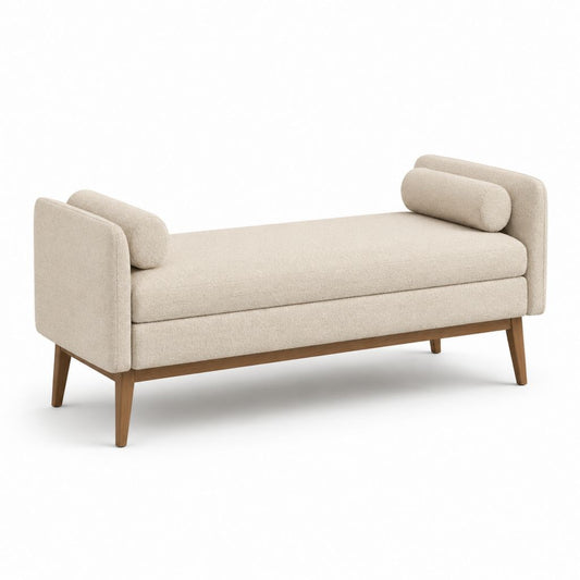 Panca fondoletto imbottita beige in poliestere con gambe in legno massello 160 x 60 x 75 cm