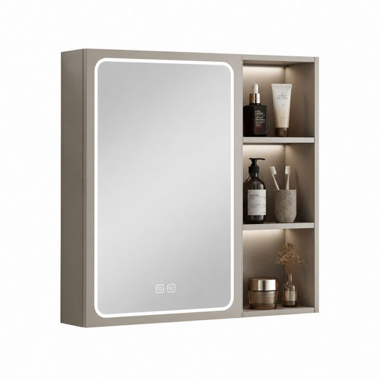 Armadietto bagno con specchio LED grigio tortora in MDF 60 x 70 x 15 cm