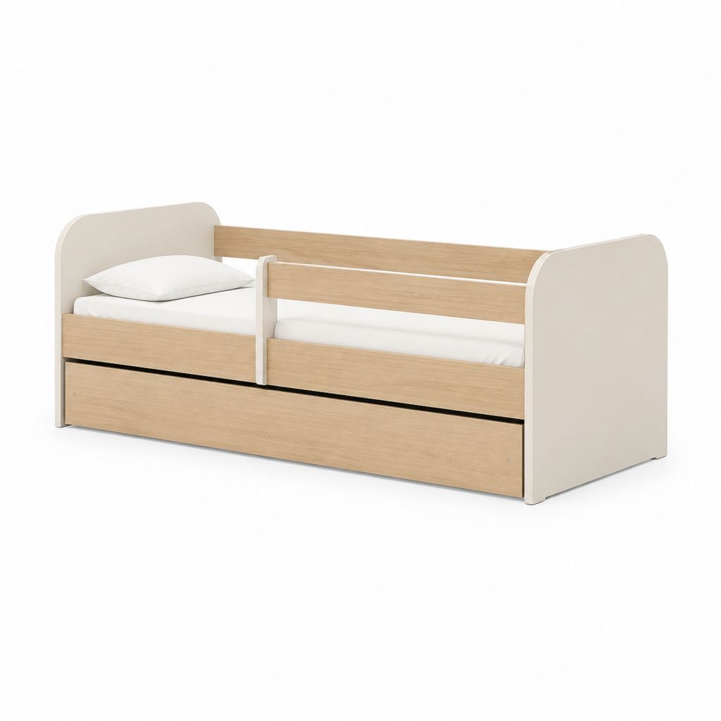 Letto per bambini con sponda bianco e rovere chiaro in pannello truciolare 143 x 75 x 65 cm
