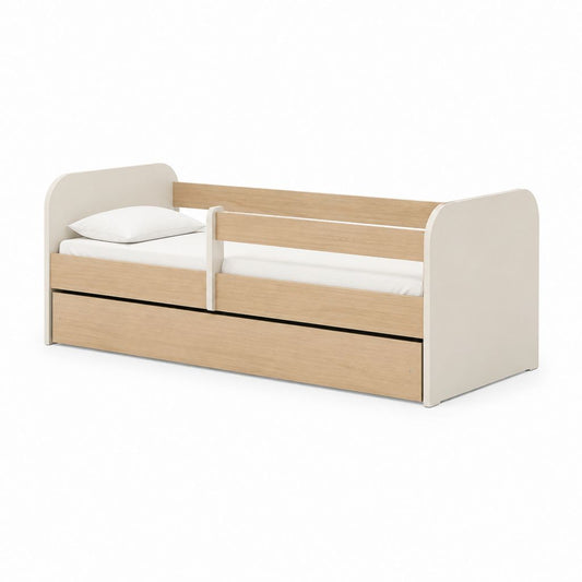 Letto per bambini con sponda bianco e rovere chiaro in pannello truciolare 143 x 75 x 65 cm