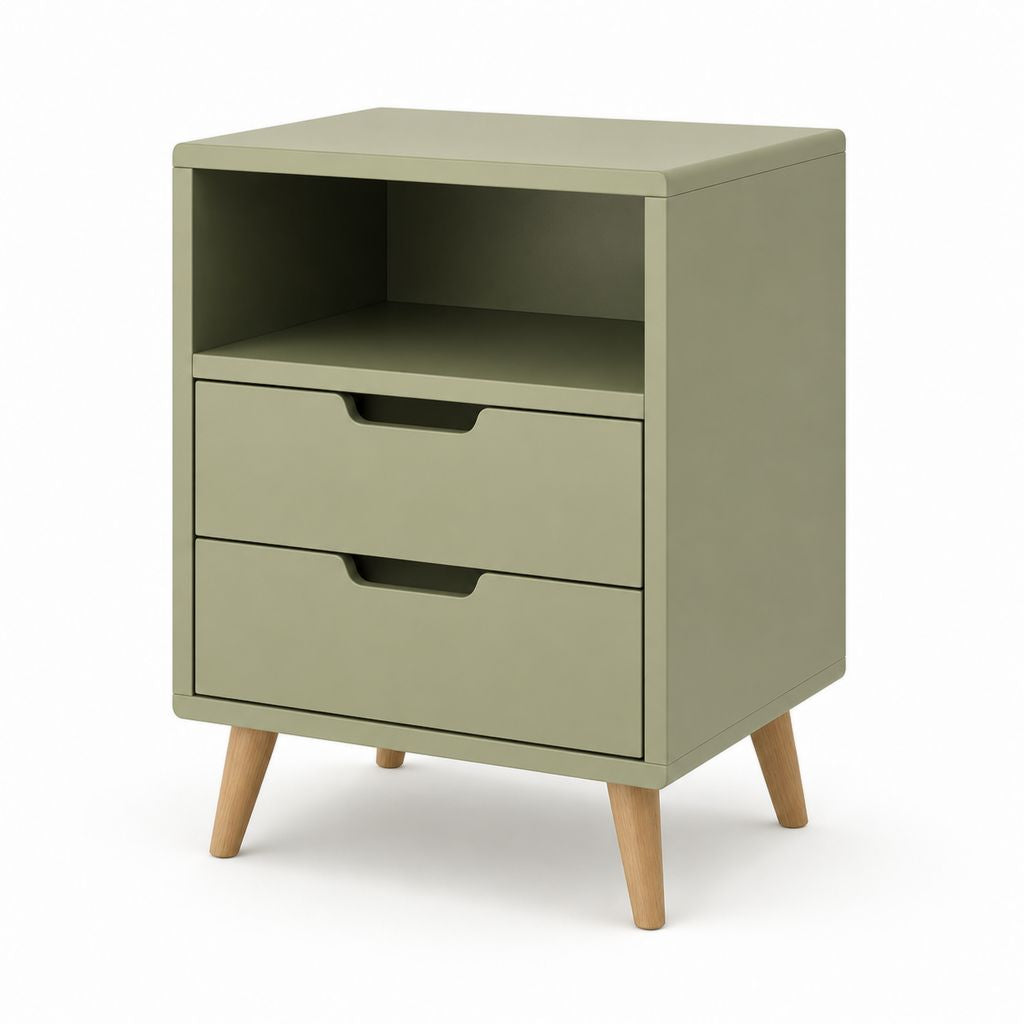 Comodino verde salvia in MDF con 2 cassetti e vano aperto 45 x 35 x 65 cm
