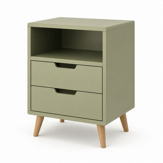 Comodino verde salvia in MDF con 2 cassetti e vano aperto 45 x 35 x 65 cm