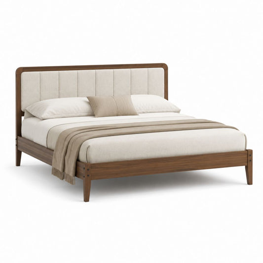 Letto matrimoniale rettangolare con testiera imbottita beige e struttura in legno massello marrone 160 x 200 cm