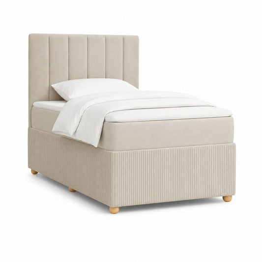 Letto singolo con testiera imbottita beige in poliestere a coste rettangolare 90 x 200 cm