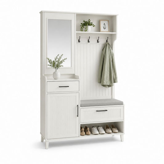 Mobile da ingresso con specchio appendiabiti e scarpiera bianco in MDF 120 x 40 x 190 cm
