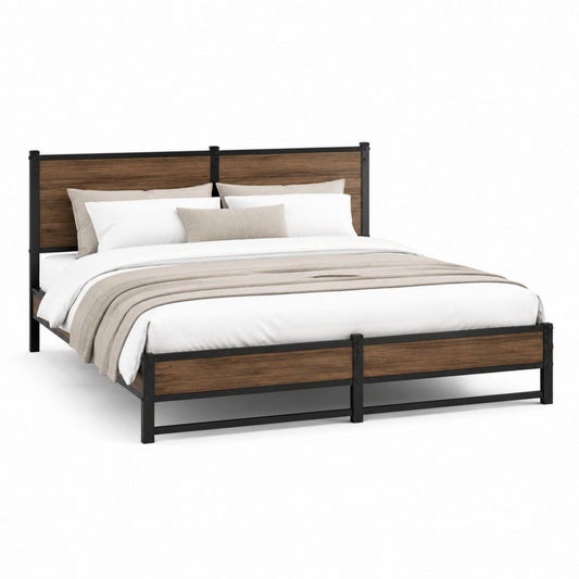 Letto matrimoniale con struttura in acciaio nero e pannelli in MDF effetto noce 160 x 200 cm