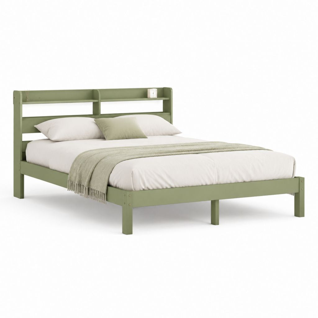 Letto matrimoniale con testiera a ripiani verde salvia in legno massello di pino rettangolare per materasso 160 x 200 cm