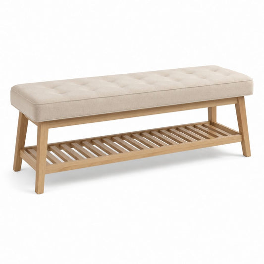 Panca fondoletto imbottita beige in poliestere e legno massello di caucciù 120 x 40 x 45 cm con ripiano portascape